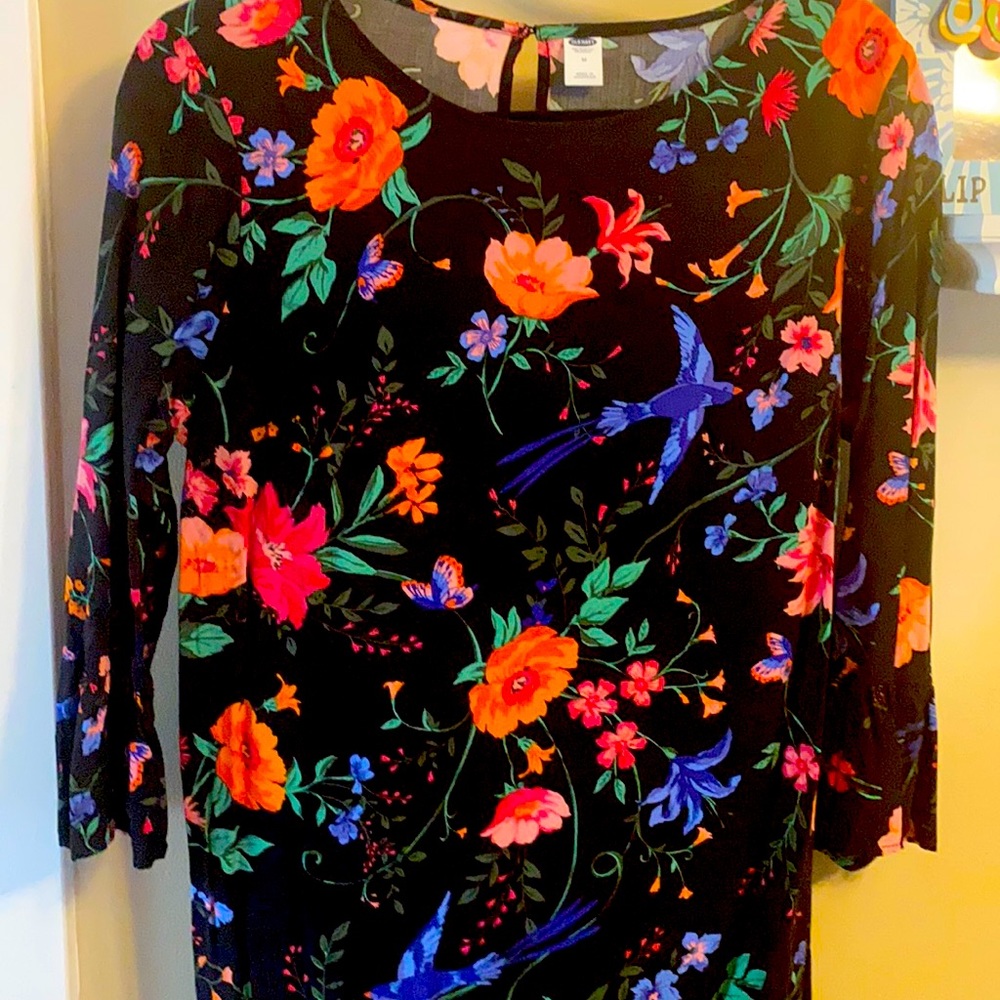 3/4 Sleeve Black Flowered Dress